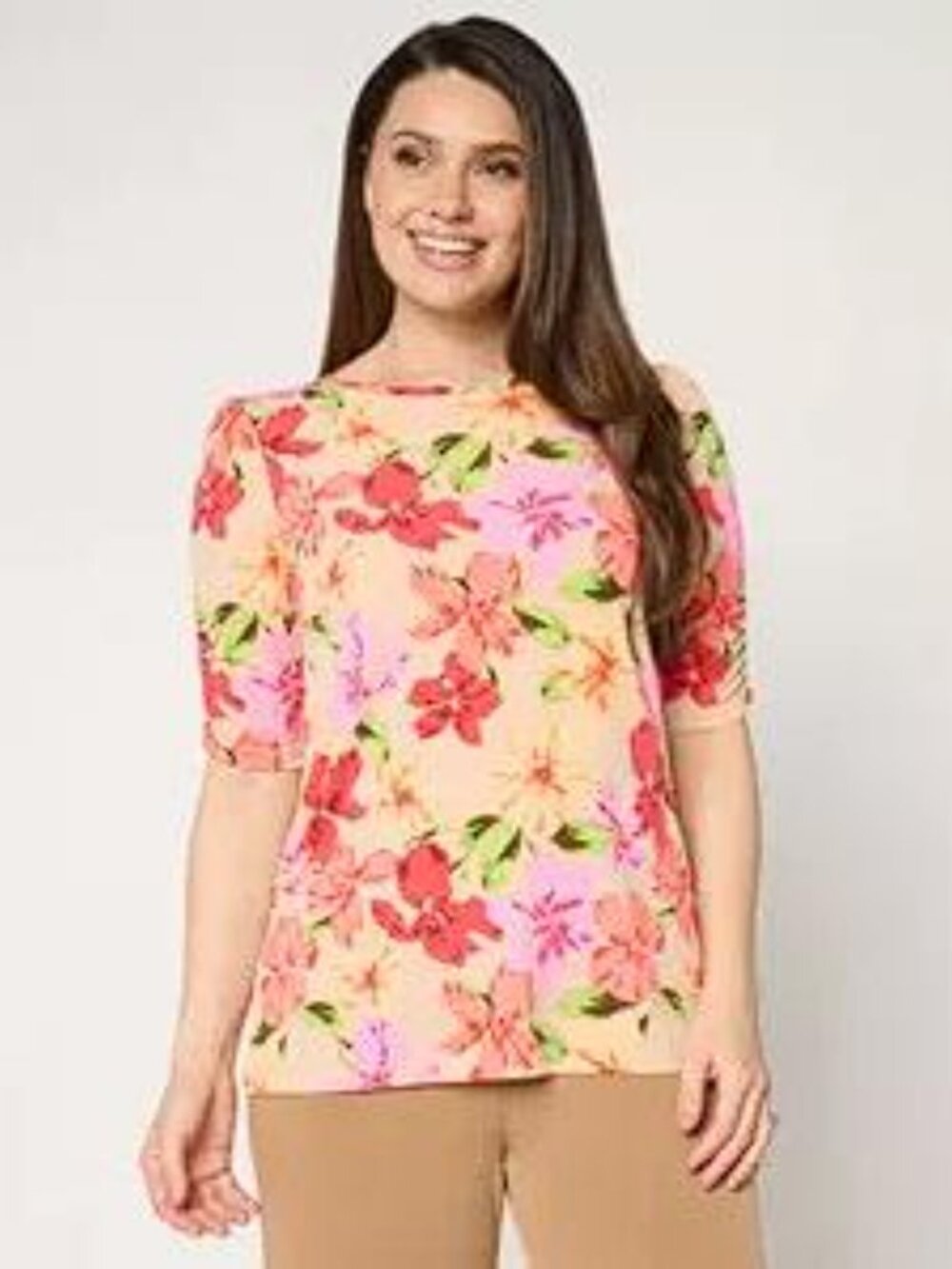 SUSAN GRAVER Women's Printed Liquid Knit Ruched Elbow-Sleeve Top Size M